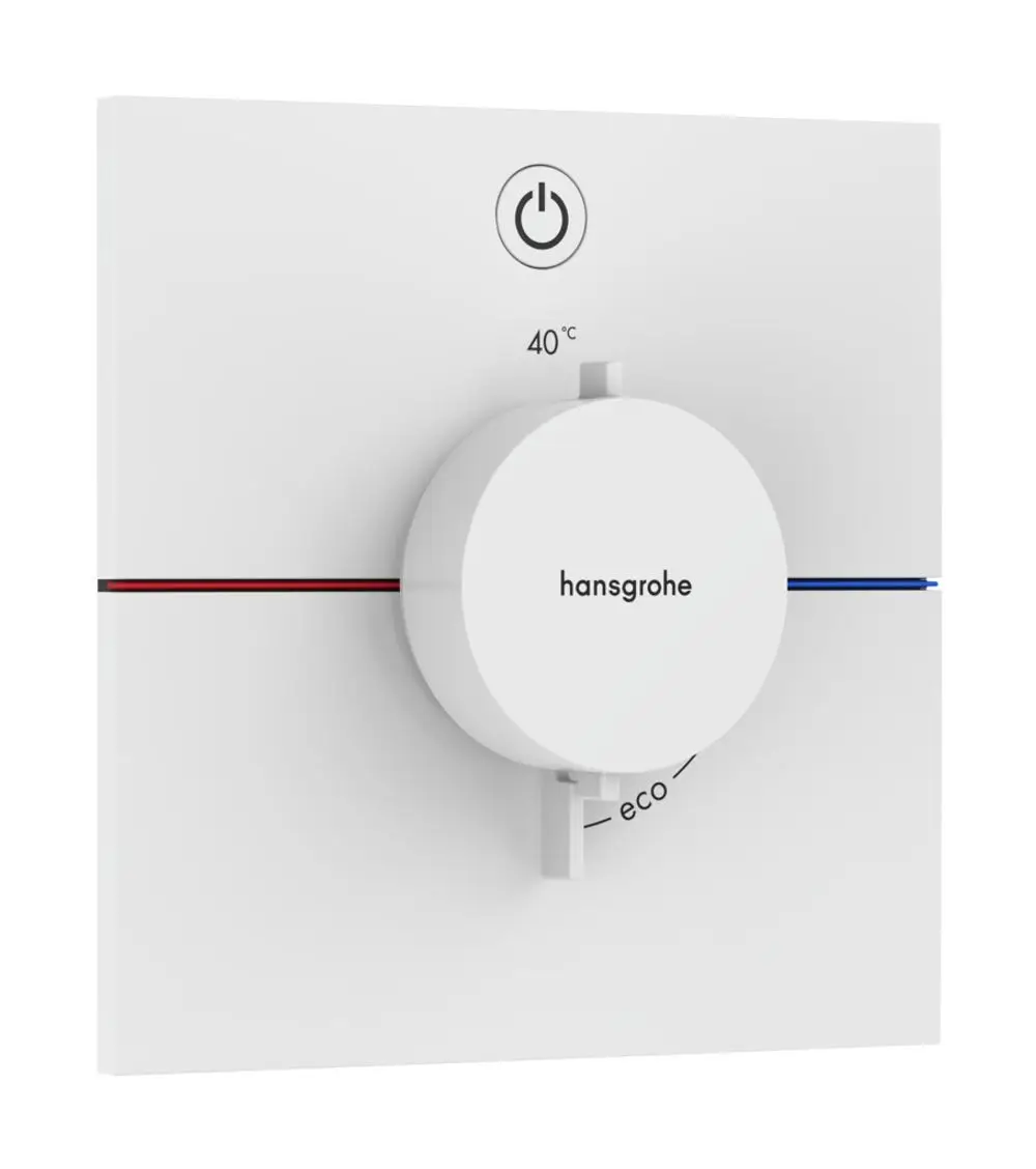 Thermostat in Mattweiß von Hansgrohe mit Einstellknopf für Temperaturregelung und ECO-Funktion, montiert auf einer flachen Wandplatte.